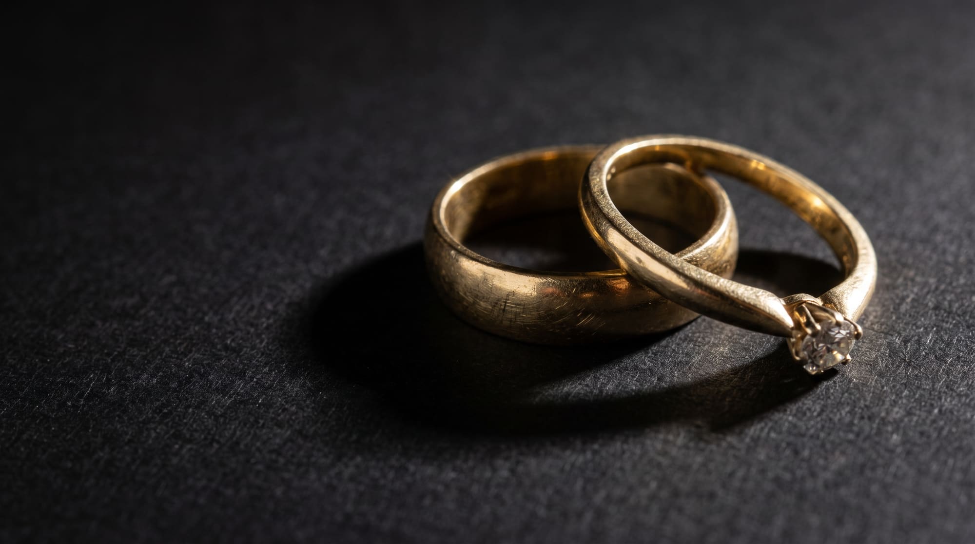 Two interlocked gold rings on a dark surface, a plain band threaded through a solitaire