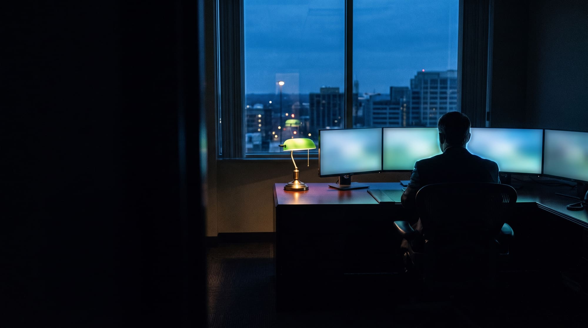 A lone figure at a desk before dawn, silhouetted against the glow of monitors